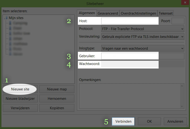 Sitebeheer filezilla