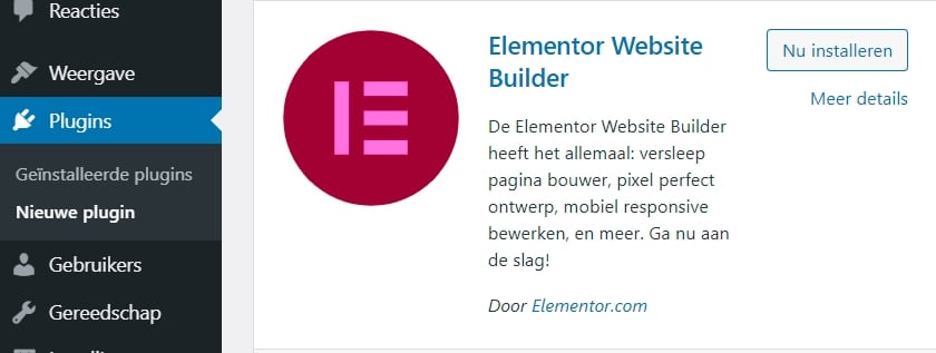 elementor installeren